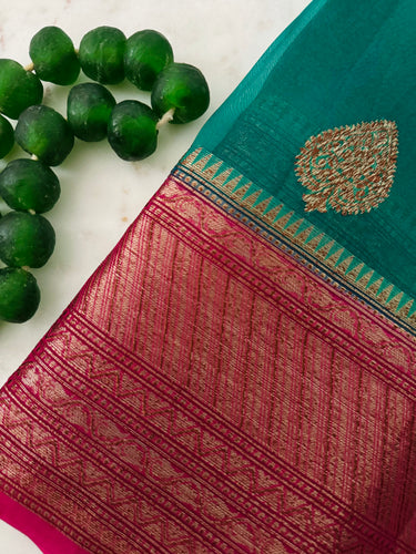 Sheer Lightweight Organza Silk Saree with Tussar Silk Border | Antique Zari | Shade of Peacock Green | Handwoven | Ships from California